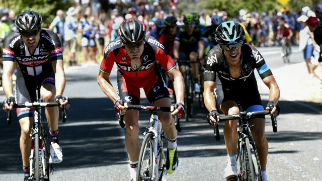 Too early? Richie Porte attacks on the lower slopes of the Paracombe climb, on Stage 3 of the Tour Down Under. (AFP/Mark Gunter)