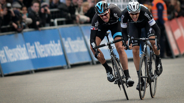 Putting Etixx-Quick-Step to the sword... Ian Stannard of Team Sky (L), despite being outnumbered three-to-one at Het Nieuwsblad last Saturday, provided a masterclass in power and tactics. (AFP)