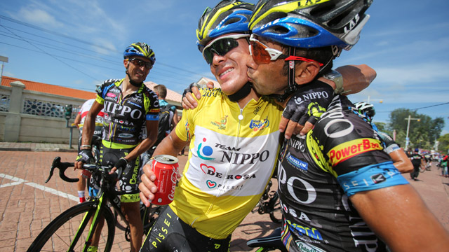 Julian Arredondo is congratulated by his team-mate after taking the biggest win of his career at Le Tour de Langkawi (Mark Gunter)