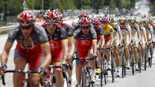 Janez Brajkovic, in the yellow jersey, pedals in the pack during the sixth stage of the 62nd Dauphine Libere last year. Photo: AAP