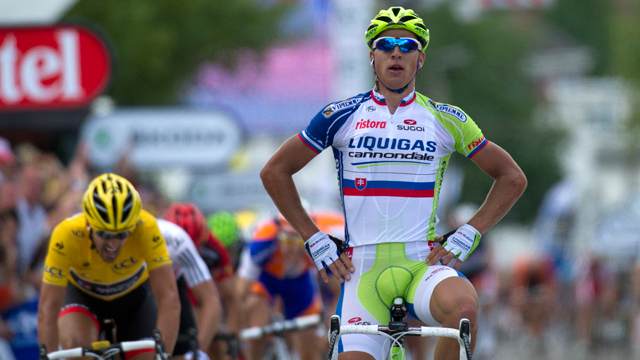 Peter Sagan (R) celebrates a victory at the end of the 198km first stage of the 2012 Tour de France (Getty)