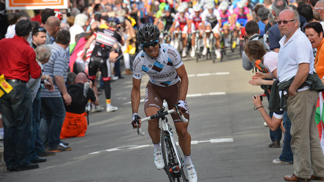 New breed... Carlos Alberto Betancur lights up the Mur de Huy with an attack that stirred memories of the golden era of Colombia cycling in the 1980s. (Sirotti)