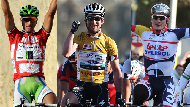 Three of the world's fastest... Mark Cavendish (centre) has the runs on the board but there's a young Slovak (Peter Sagan, left) and an on-form German (Andre Greipel, right) who are clipping at the Manxman's heels. (Getty Images)