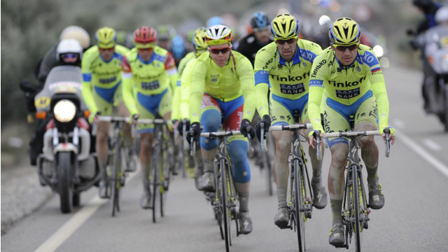 Skylike... A phalanx of Tinkoff-Saxo riders set the pace during the fourth stage of the Vuelta a Andalucia. (Tinkoff-Saxo)