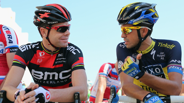 Former Tour de France winners Cadel Evans (L) and Alberto Contador (R) will be two of the riders to watch (Getty)