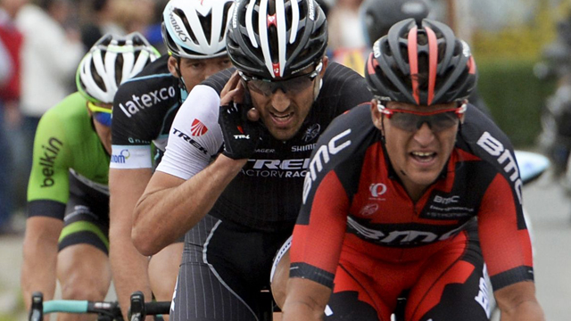Greg Van Avermaet leads Fabian Cancellara at De Ronde. The order would be reversed at the finish in Oudenaarde. (AAP)