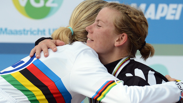 Sisterhood... Linda Villumsen congratulates Judith Arndt on becoming the 2012 time trial world champion (Getty Images)