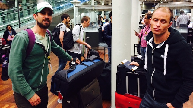 A tough start to our departure from the UK... At the Eurostar terminal in St Pancras before 6AM after a late night left Dom and Dave is 'sub-optimal' condition. (SBS)