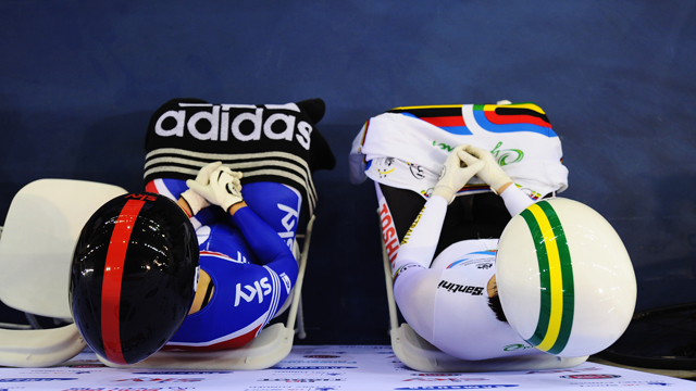 Victoria Pendleton (L) and Anna Meares prepare for the Women's Sprint Semi Finals during the UCI Track Cycling World Cup, London (Getty)