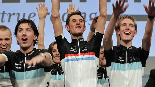 (L-R) Fabian Cancellara, Frank Schleck and Andy Schleck at the Leopard Trek launch (Sirotti)