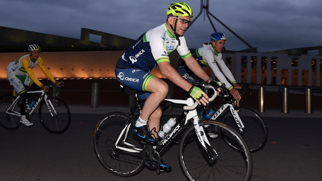 PM Tony Abbott in action during an early morning ride with Orica-GreenEDGE outside Parliament House in Canberra in November, 2014 (AAP)