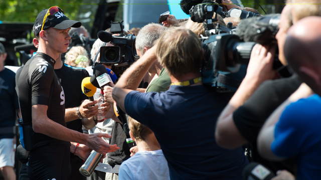 Team Sky's Chris Froome mobbed by media at the press conference on the second rest day of the Tour De France.