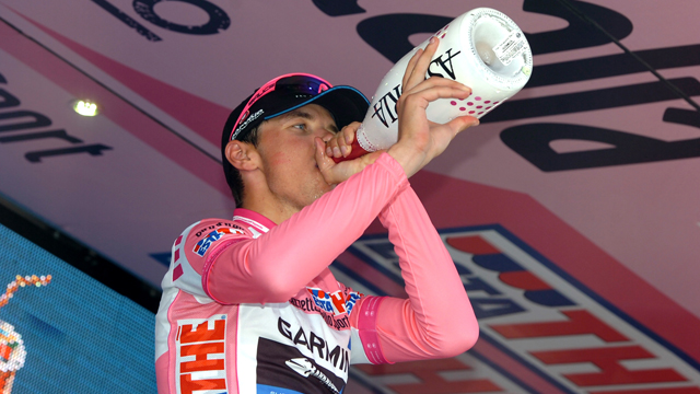 Ramunas Navardauskas enjoys the spoils that come with holding the Giro d'Italia race lead (Sirotti Images)