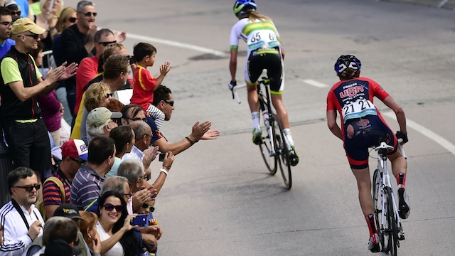 Spicing it up.. A ragged Alison Powers follows an attack from Carlee Taylor on the Ponferrada course.