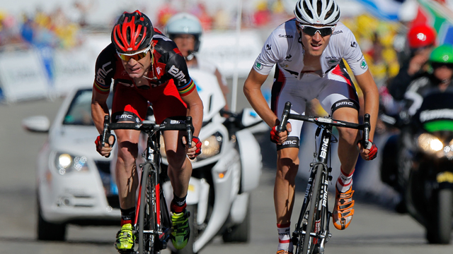 Future is now... Cadel Evans and Tejay van Garderen race to the finish in last year's Tour de France. The two played both leader and domestique roles at various parts of the race, an issue that will come to a head again in this year's race. (Getty Images)