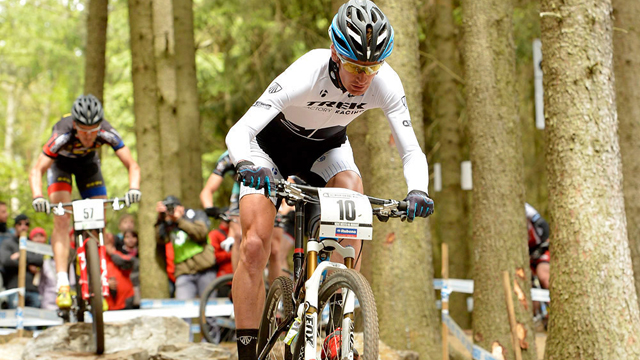 Trek Factory Racing's Daniel McConnell tackles the rock garden section at Nove Mesto na Morave in the Czech Republic (Rob Jones)