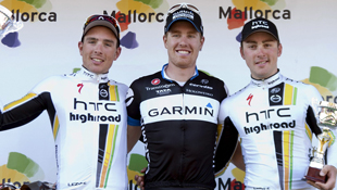imageRunner-up John Degenkolb (left), winner Tyler Farrar (centre) and Leigh Howard (right) on the podium after day two of the Mallorca Challenge. (Image: AAP)