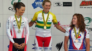 image Amber Halliday (centre) at the 2010 Australian national time trial championships.