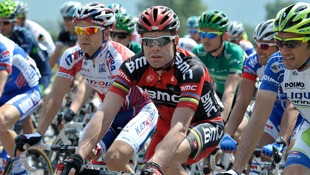 Cadel Evans sits in during the first stage of the Tour de Romandie (AAP)