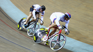 image Kevin Sireau (R) of France and Sebastian Doehrer (L) of Germany face off in the Men's Sprint Finals at the Laoshan Velodrome (Getty)
