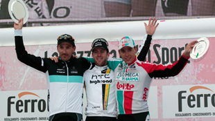 (L-R) Fabian Cancellara, Matt Goss and Philippe Gilbert on the podium following the finish of the Milan-SanRemo (Getty)