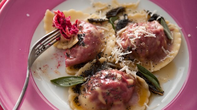 Beetroot ravioli with sage butter