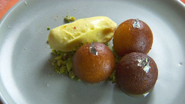 Gulab jamun with saffron yoghurt ice-cream
