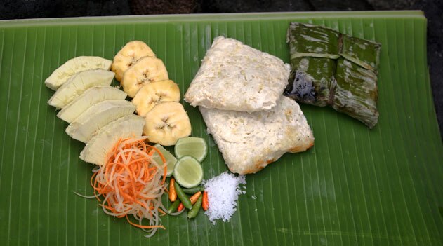 Seafood cakes, grilled banana and roasted breadfruit