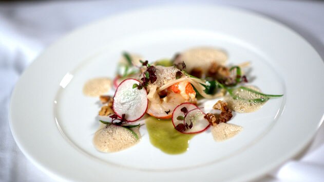 WA marrons with pear-and-parsley sauce, snow peas, pickled mushrooms and chestnut foam
