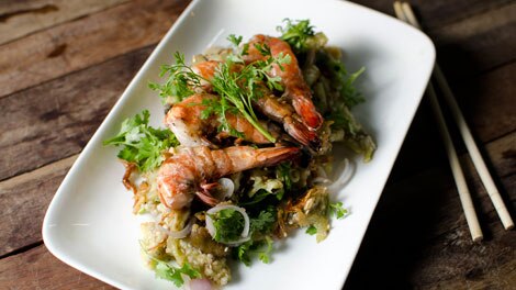 Chargrilled eggplant and prawn salad