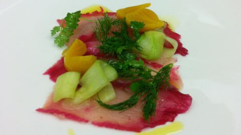 Beetroot-marinated kingfish carpaccio