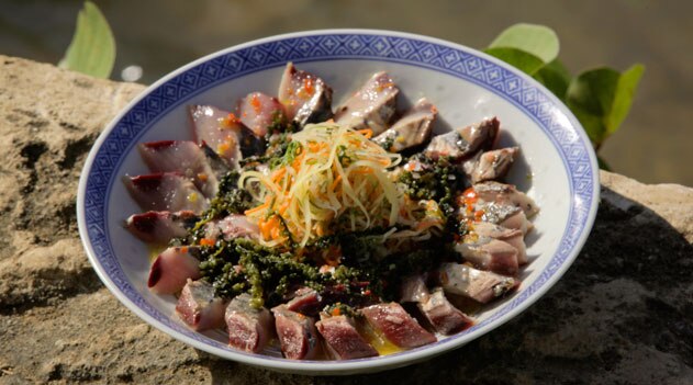 Charred bonito with achara salad