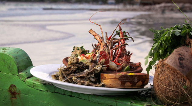 Pan-roasted painted crayfish and fried anchovies
