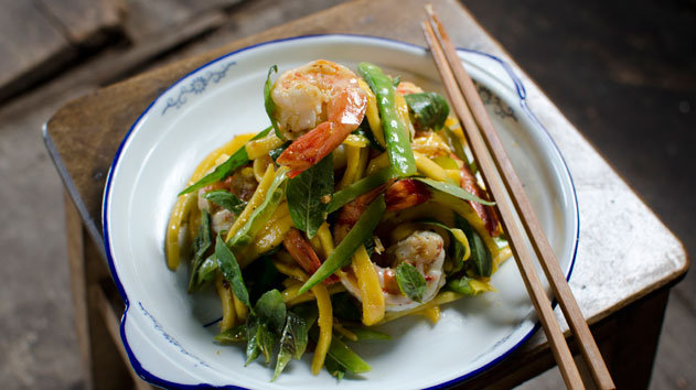 Warm mango and prawn salad