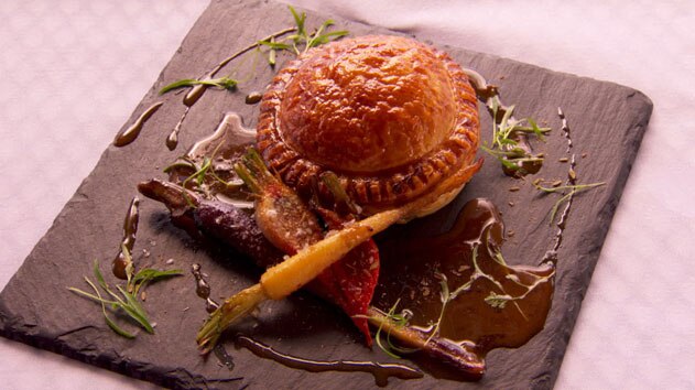 Goat pithivier with juniper, winter vegetables and toasted spice