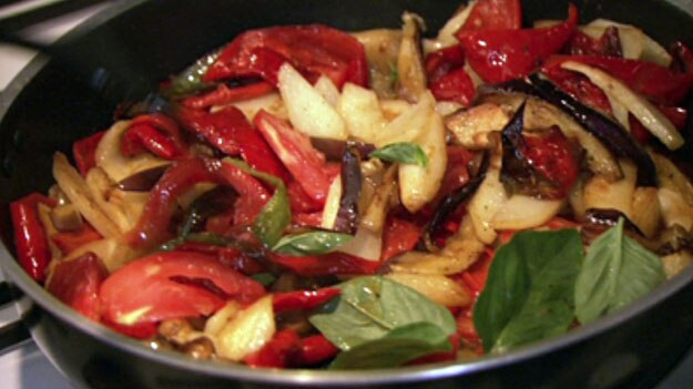 Fried potato, peppers and eggplant