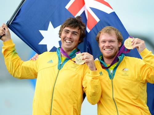 Outteridge and Jensen claimed Australia's second gold of the Olympic sailing competition at Weymouth, after Tom Slingsby's Laser victory. (Getty)