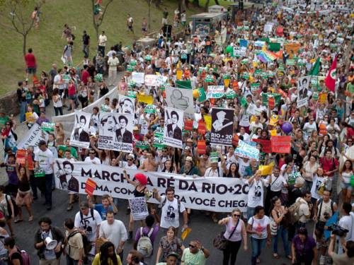 Activists march in protest during the United Nations Conference on Sustainable Development, or Rio 20, in Rio de Janeiro, Brazil. (Photo: AAP)