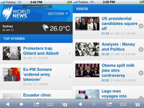 Screenshots from the World News Australia mobile site.