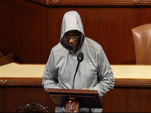 Bobby Rush was told to remove the hood on his jacket or leave the Chamber where he was speaking. (AAP)