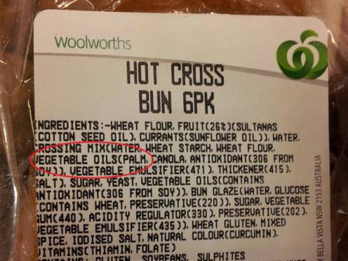 Both Woolworths and Coles home brands of hot cross buns contain palm oil.