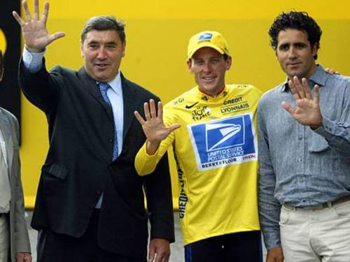 Eddie Merckx(L), Lance Armstrong(C) and Miguel Indurain(R) in 2003 before Armstrong had all seven of his Tour de France titles expunged (Getty Images)