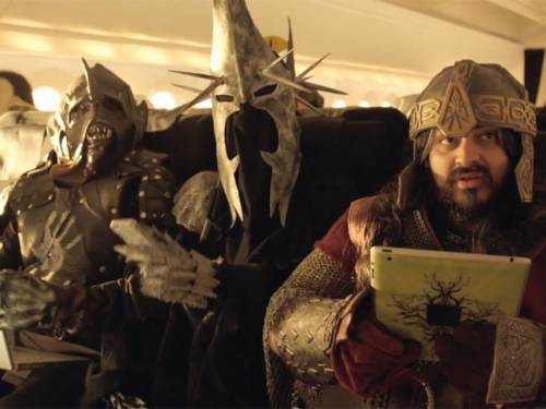 Characters from The Hobbit learn about airplane safety. (Air New Zealand)