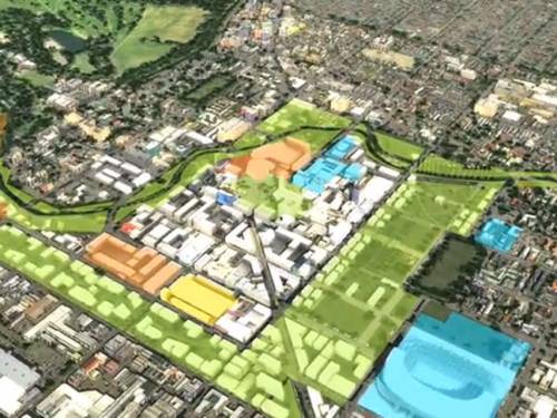 An L-shaped park will meet the existing banks of the Avon River on two sides, to ring the city with open space.