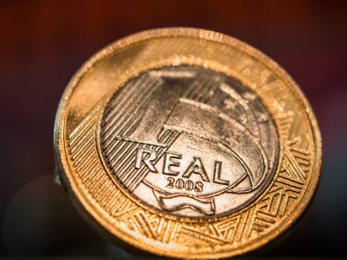 A close-up of a Brazilian one-real coin, at Bovespa stock exchange in Sao Paulo, Brazil. (Getty)