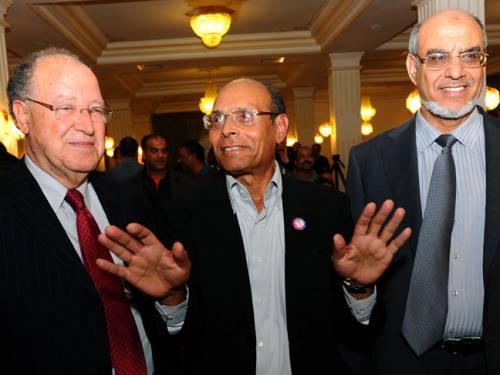 Mustapha Ben Jaafar of the Ettakatol party, Moncef Marzouki of the leftist Congress for the Republic Party and Hamadi Jebali of the moderate Islamist Ennahda party. (Getty)