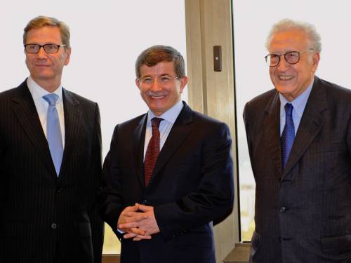 Peace envoy Lakhdar Brahimi (R) has arrived in Istanbul for talks on the Syrian conflict. (AAP)