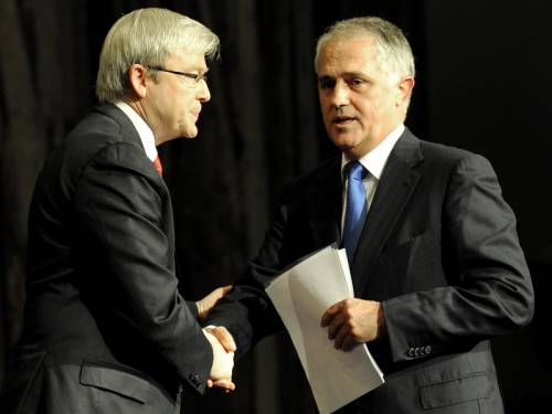 Kevin Rudd and Malcolm Turnbull, hold leads over Julia Gillard and Tony Abbott as preferred leaders. (AAP)