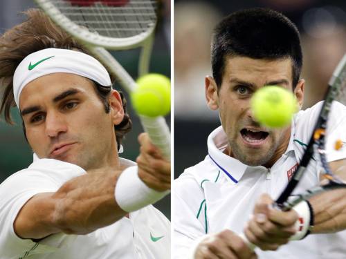 Roger Federer (L) will face titleholder Novak Djokovic in the Wimbledon semi-finals. (AAP)