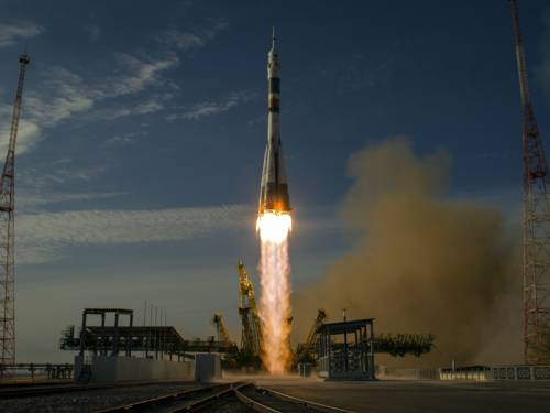 A Russian spacecraft carrying one NASA and two Russian astronauts has blasted off for space. (AAP)